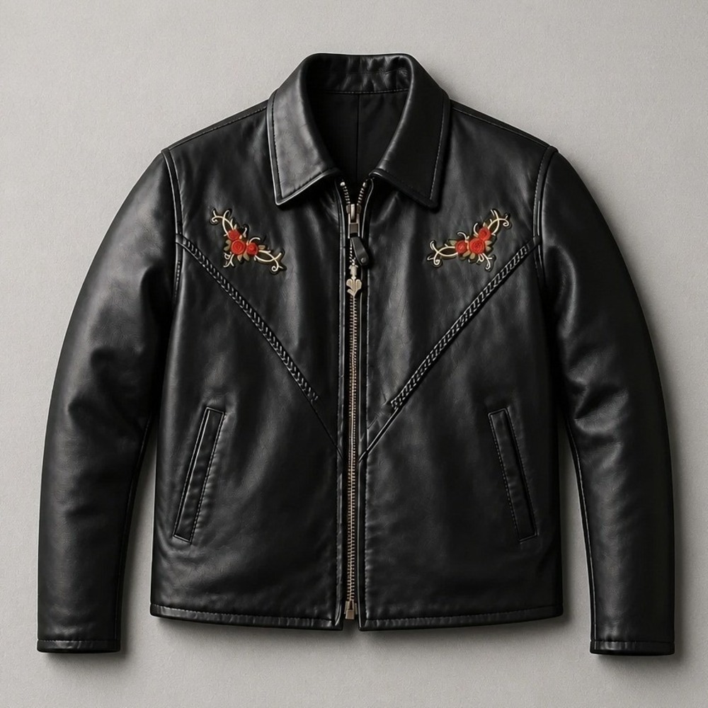 Genuine Leather Black Biker Jacket Women XL Lady Rider Rose Embroidered